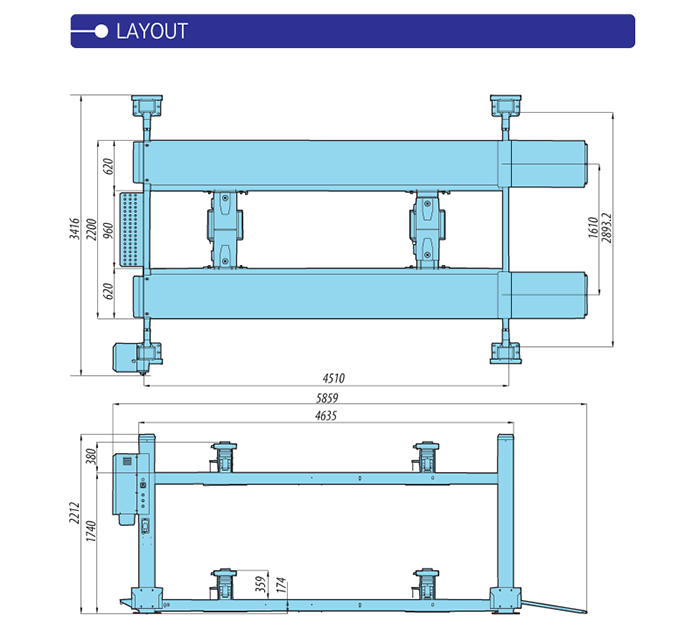 Heshbon HL-42L 4,5 post 4ton flat platform lift
