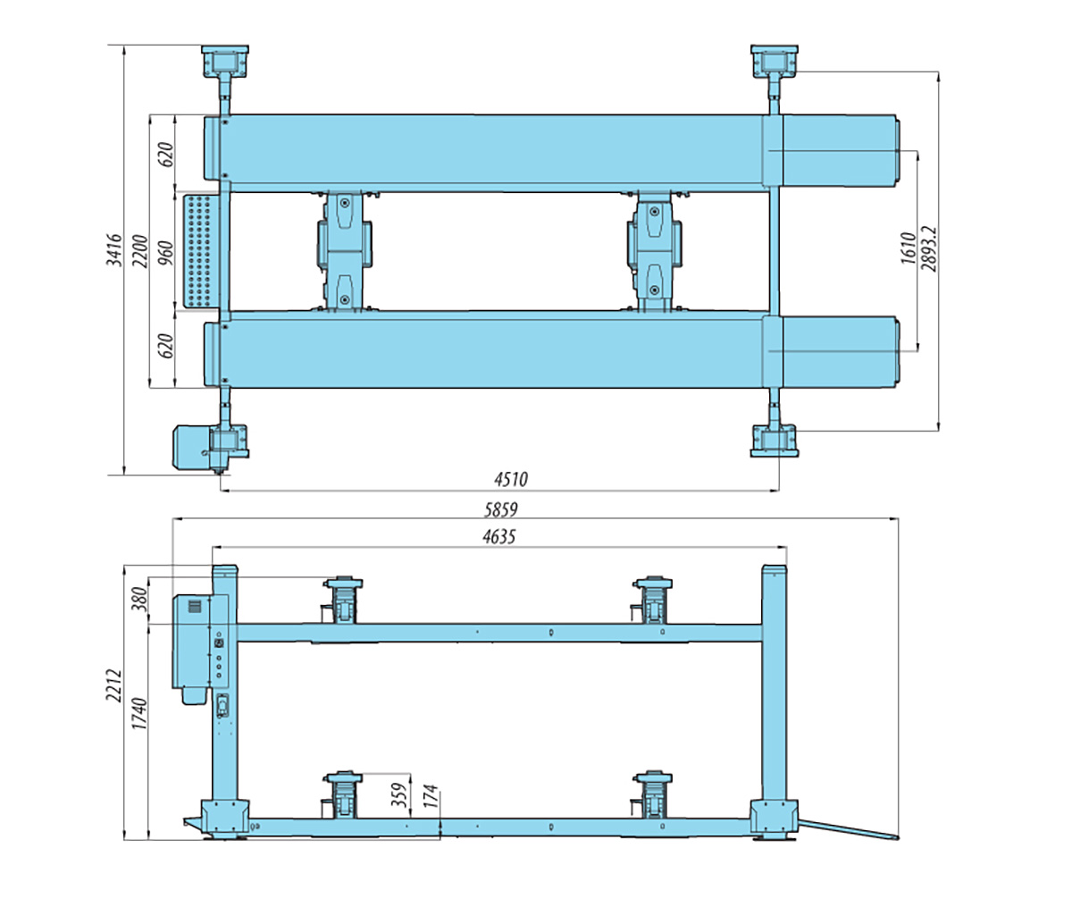 thiết kế Cầu nâng 4 trụ 4.5 tấn cân chỉnh góc đặt bánh xe Heshbon HL-42L